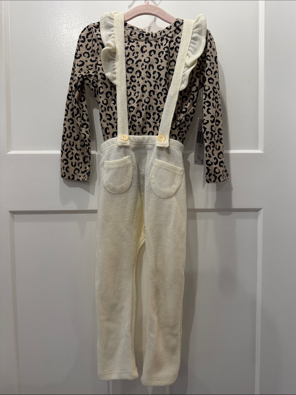 NWT Jessica Simpson Baby Girl Leopard Print Top with Cream Knit Suspender Pants